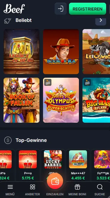 Beef Casino App Oberflache mit beliebten Slots und Top-Gewinnen