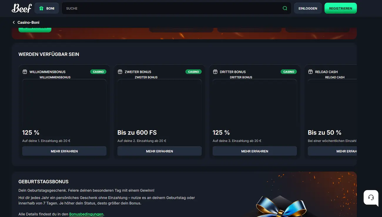 Beef Casino Bonusubersicht mit Willkommensbonus und Freispielen