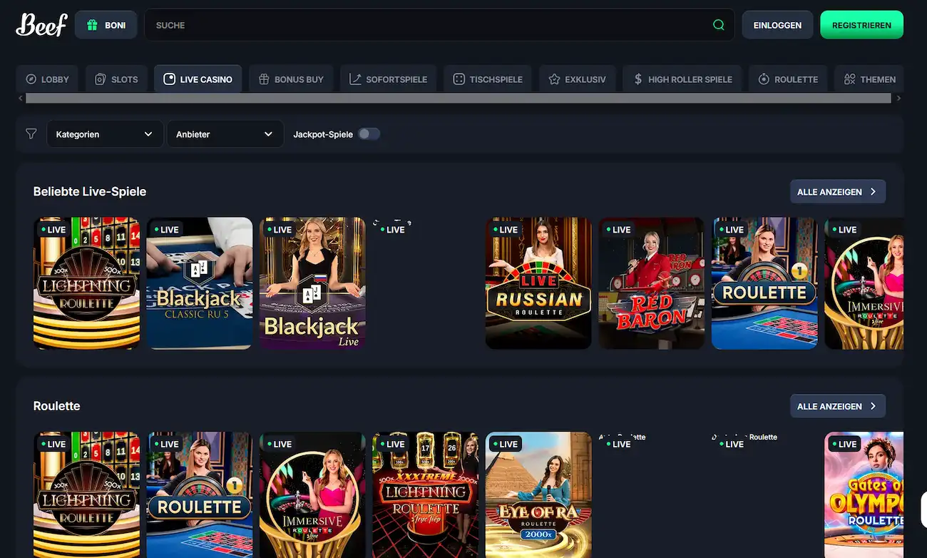 Beef Casino Live-Casino-Lobby mit Dealern von Evolution Gaming